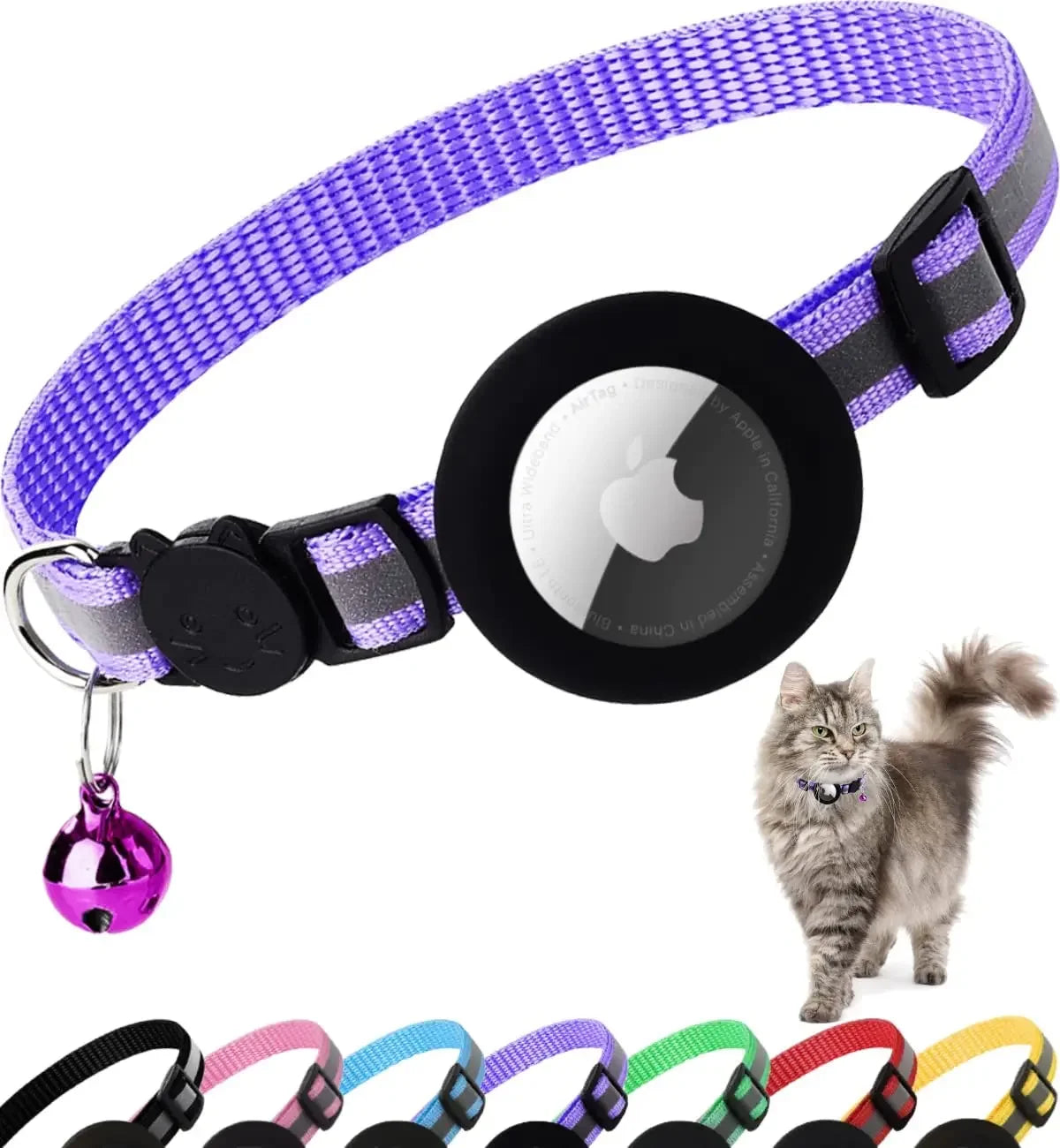 1Pcs Pet Airtag Cat Collar Breakaway, Reflective Kitten Collar with Apple Air Tag Holder and Bell for Girl Boy Cats, 0.4 Inches